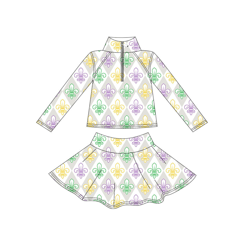 ( Moq 5 ) Preorder Baby Girls Long Sleeves Zipper Shirt Anchors Plaid Skirt with Shorts Yoga Mardi Gras Set