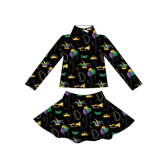 ( Moq 5 ) Preorder Baby Girls Long Sleeves Masks Zipper Shirt Skirt with Shorts Yoga Mardi Gras Black Set