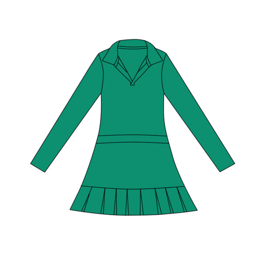 ( Moq 5 ) Preorder Baby Girls Green Long Sleeve Ruffle Knee Length Yoga Dress
