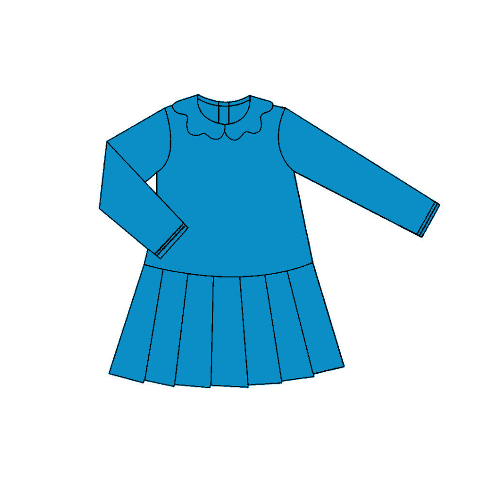 Baby Girls Hot Blue Long Sleeve Collar Pleated Knee Length Dresses Preorder