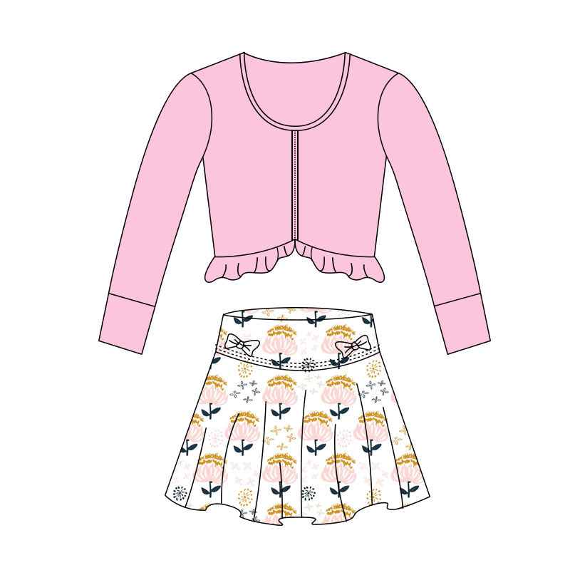 ( Moq 5 ) Preorder Baby Girls Pink Zipper Tops Flower Bows Skirt with Shorts Yoga Set