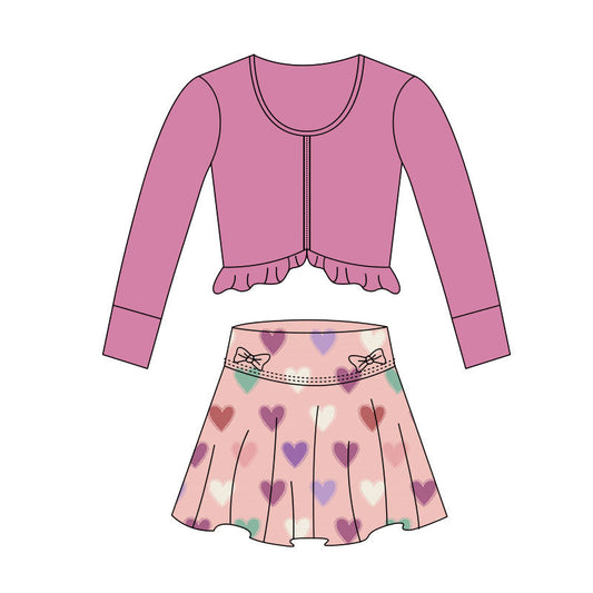 ( Moq 5 ) Preorder Baby Girls Long Sleeves Zipper Tops Hearts Bows Skirt with Shorts Yoga Valentine Set