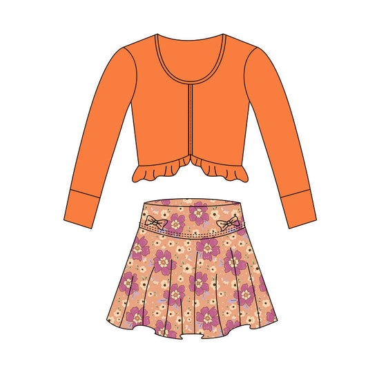 ( Moq 5 ) Preorder Baby Girls Orange Zipper Tops Flower Bows Skirt with Shorts Yoga Set