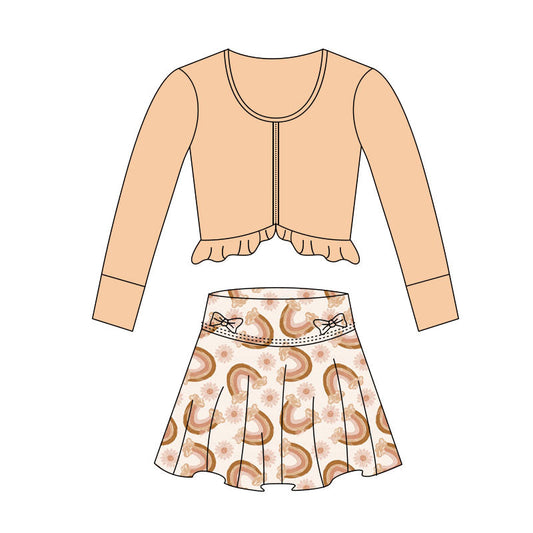 ( Moq 5 ) Preorder Baby Girls Long Sleeves Zipper Tops Flower Bows Skirt with Shorts Yoga Set
