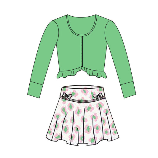 ( Moq 5 ) Preorder Baby Girls Green Zipper Tops Leopard Bows Skirt with Shorts Yoga Set