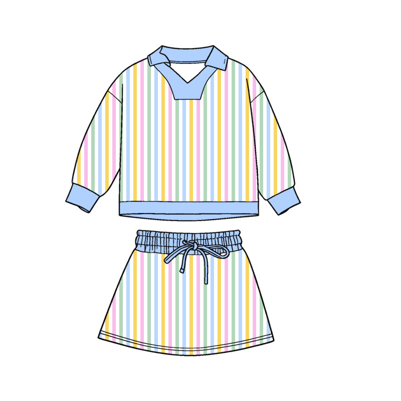 ( Moq 5 ) Preorder Baby Girls Long Sleeves Colorful Stripes Shirt Skirt Clothes Set
