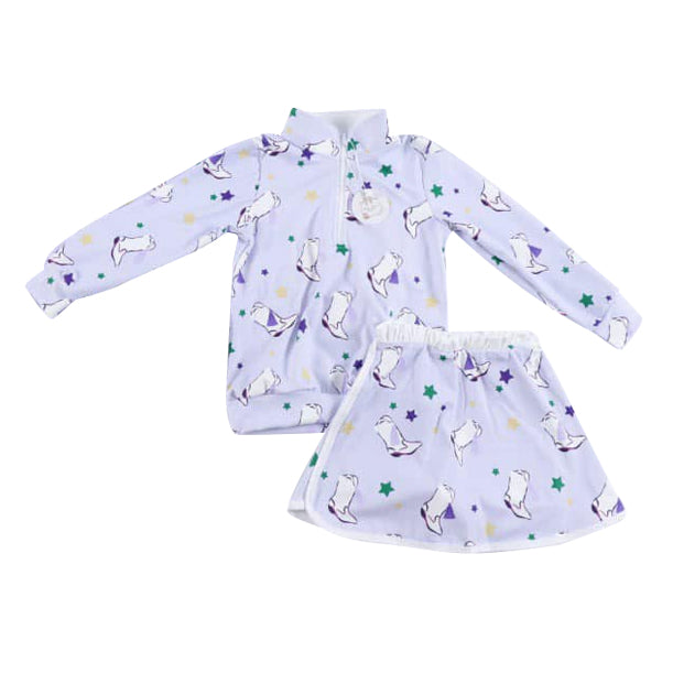 ( Moq 5 ) Preorder Baby Girls Stars Boots Zipper Pullover Skirt Shorts Mardi Gras Yoga Purple Set