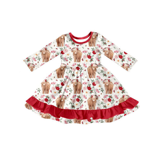 ( Moq 5 ) Preorder Baby Girls Long Sleeves Cow Flower Western Ruffle Knee length Dress
