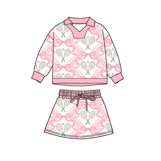 ( Moq 5 ) Preorder Baby Girls Long Sleeves Bows Tennis Shirt Skirt Shorts Clothes Pink Set