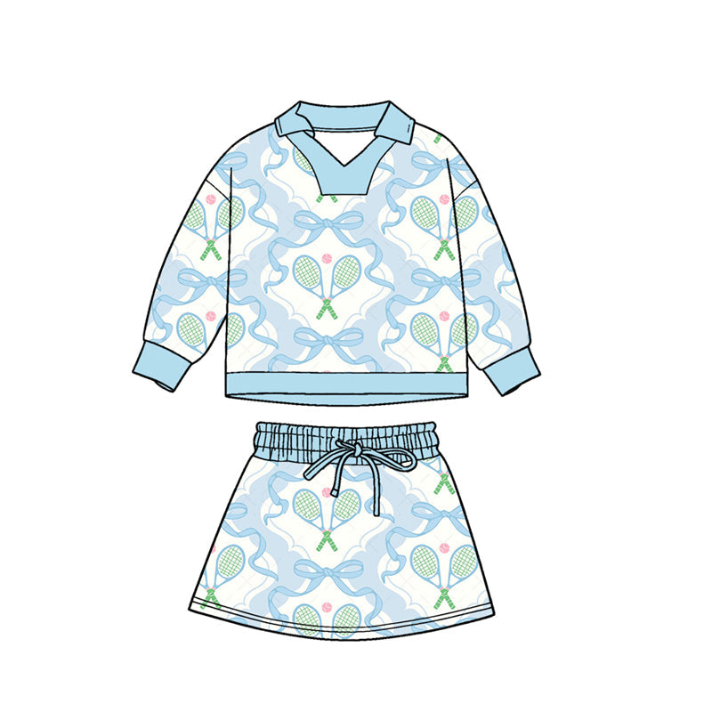 ( Moq 5 ) Preorder Baby Girls Long Sleeves Bows Tennis Shirt Skirt Shorts Clothes Blue Set