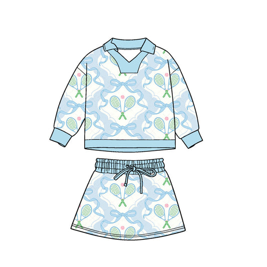 ( Moq 5 ) Preorder Baby Girls Long Sleeves Bows Tennis Shirt Skirt Shorts Clothes Blue Set