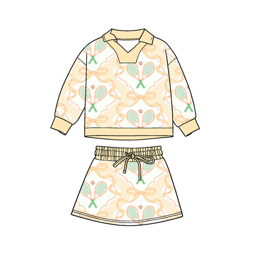 ( Moq 5 ) Preorder Baby Girls Long Sleeves Bows Tennis Shirt Skirt Shorts Clothes Yellow Set