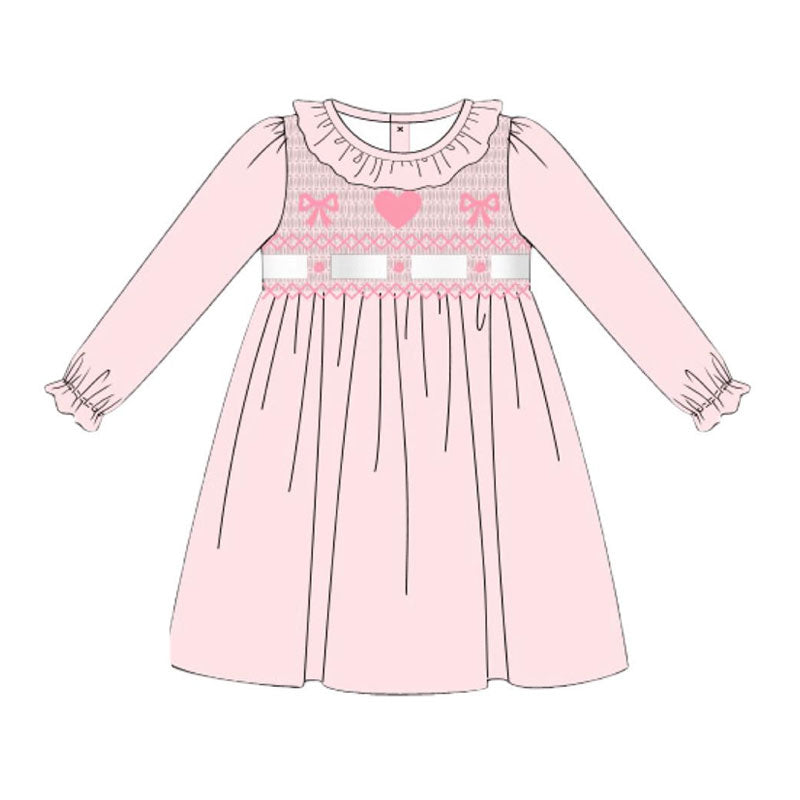 ( Moq 5 ) Preorder Baby Girls Pink Long Sleeves Bows Hearts Valentine Knee Length Dress