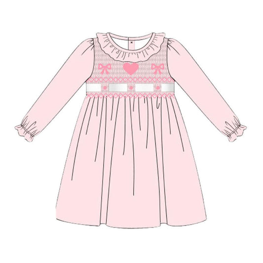 ( Moq 5 ) Preorder Baby Girls Pink Long Sleeves Bows Hearts Valentine Knee Length Dress