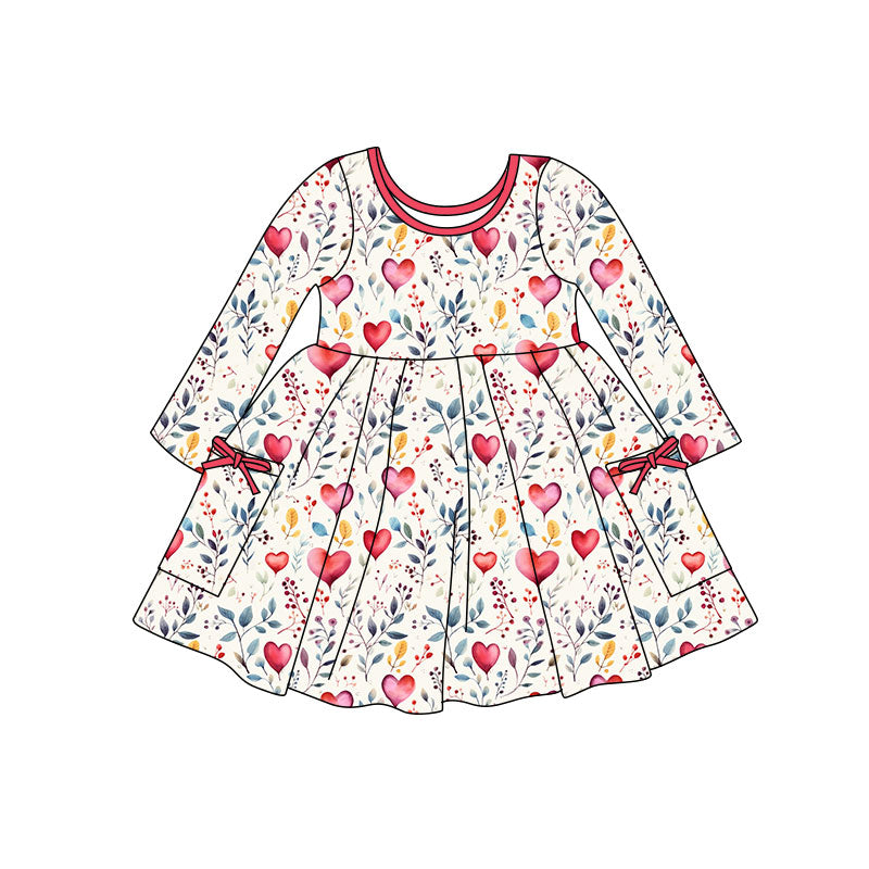 ( Moq 5 ) Preorder Baby Girls Kids Long Sleeves Hearts Bows Pockets Valentine Knee Length Dress