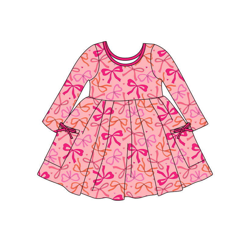 ( Moq 5 ) Preorder Baby Girls Kids Long Sleeves Bows Pockets Valentine Hearts Knee Length Dress