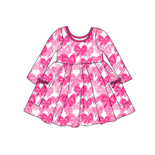 ( Moq 5 ) Preorder Baby Girls Kids Long Sleeves Pink Hearts Bows Pockets Valentine Knee Length Dress