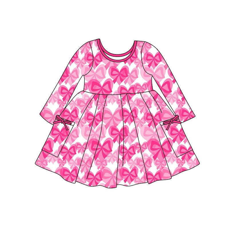( Moq 5 ) Preorder Baby Girls Kids Long Sleeves Pink Hearts Bows Pockets Valentine Knee Length Dress