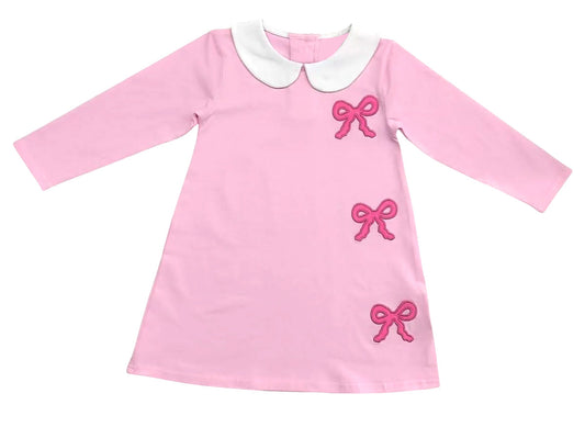 ( Moq 5 ) Preorder Baby Girls Pink Long Sleeve Bows Knee Length Dress