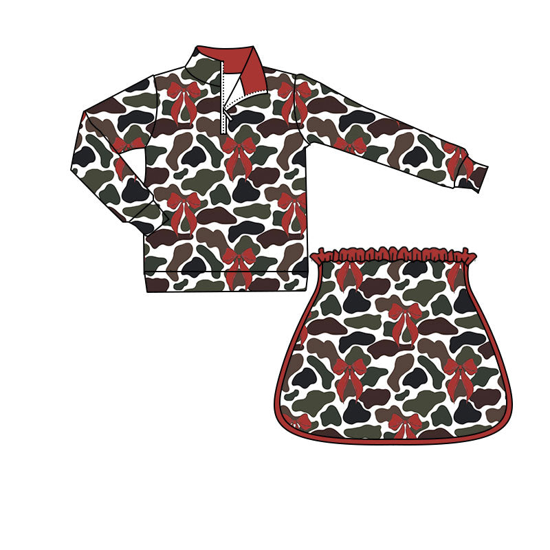 ( Moq 5 ) Preorder Baby Girls Camo Bows Zipper Shirt Skirt Shorts Yoga Clothes Set