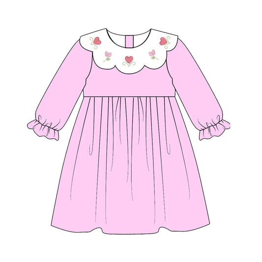 ( Moq 5 ) Preorder Baby Girls Pink Long Sleeves Hearts Flower Valentine Knee Length Dress