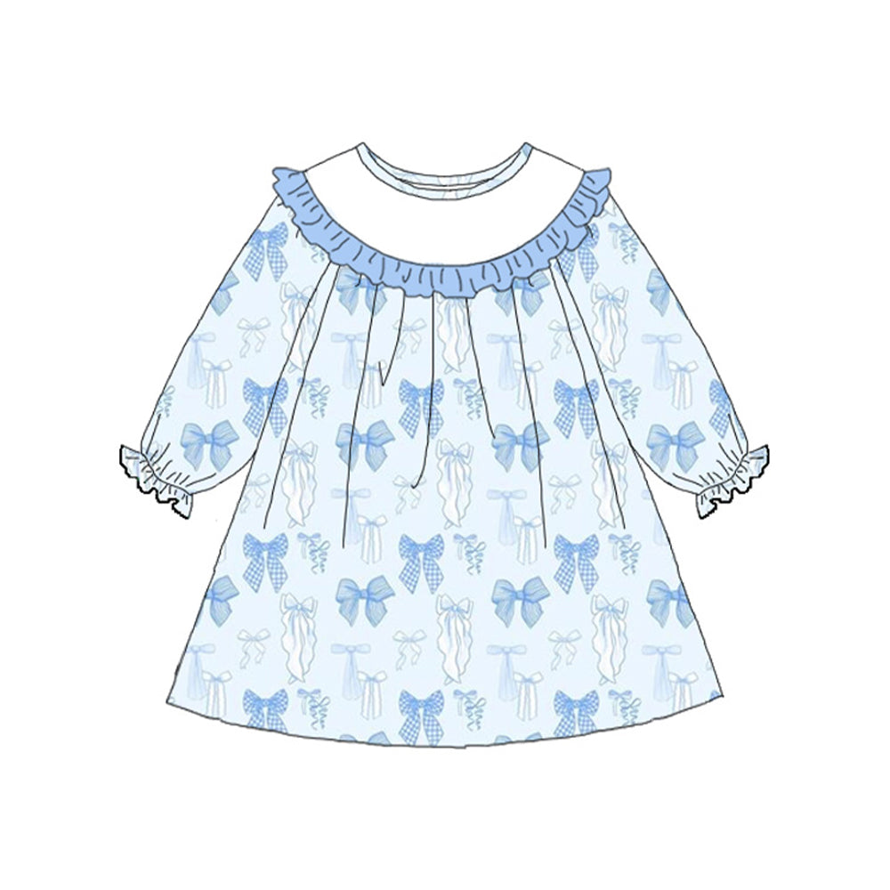 ( Moq 5 ) Preorder Baby Girls Long Sleeves Blue Bows Ruffle Knee Length Dress