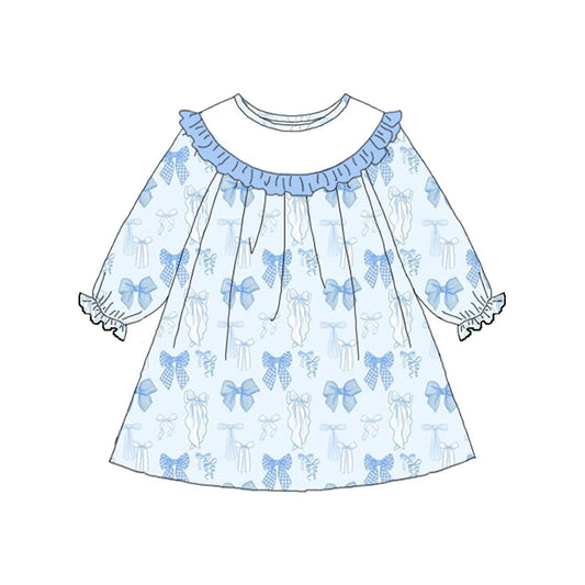 ( Moq 5 ) Preorder Baby Girls Long Sleeves Blue Bows Ruffle Knee Length Dress