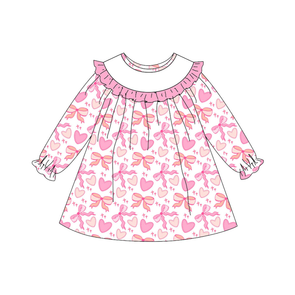 ( Moq 5 ) Preorder Baby Girls Long Sleeves Pink Bows Hearts Valentine Knee Length Dress