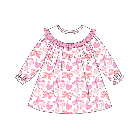 ( Moq 5 ) Preorder Baby Girls Long Sleeves Pink Bows Hearts Valentine Knee Length Dress