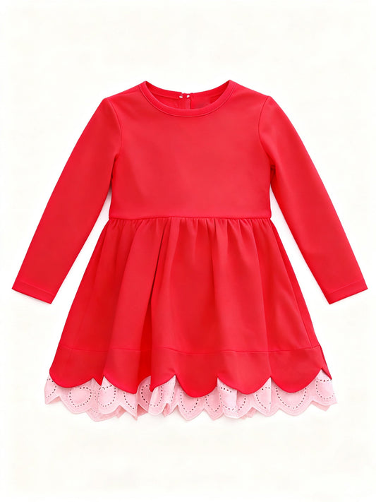 ( Moq 5 ) Preorder Baby Girls Red Long Sleeves Ruffle Yoga Knee Length Dress