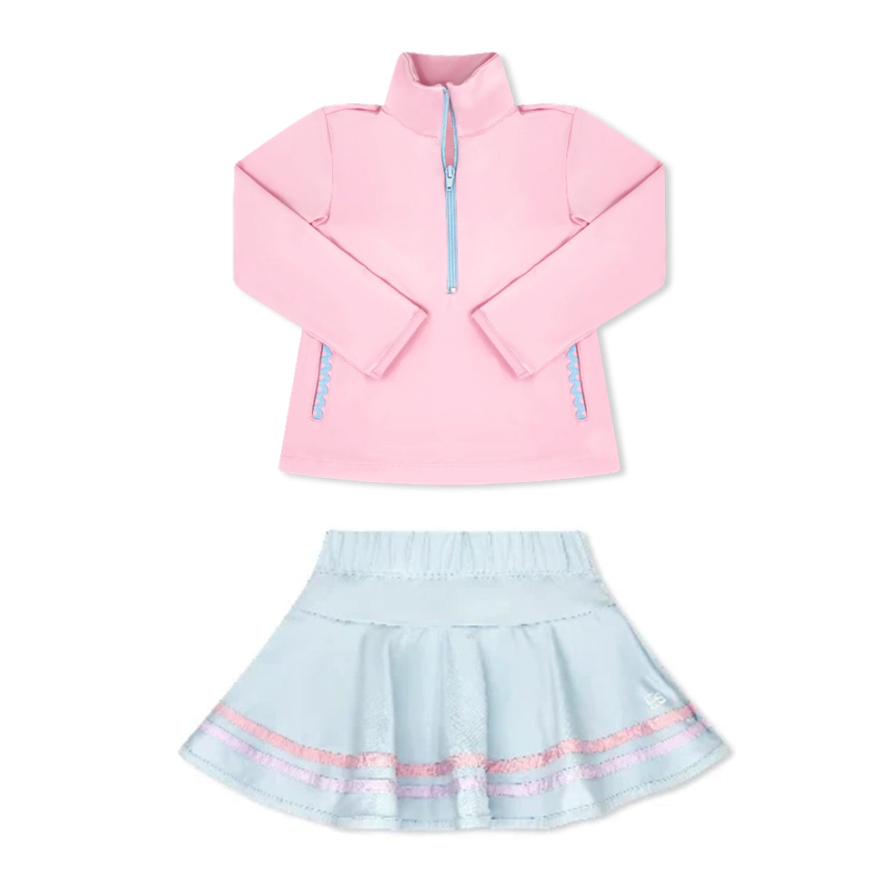 ( Moq 5 ) Preorder Baby Girls Long Sleeves Zipper Pockets Pink Shirt Skirt Yoga Clothes Set