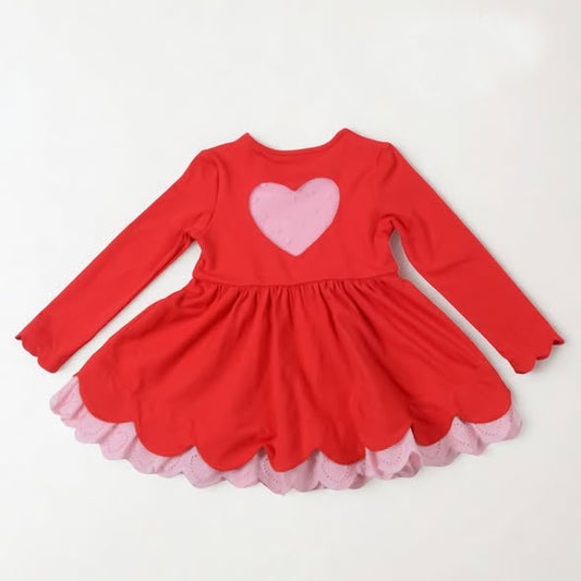 ( Moq 5 ) Preorder Baby Girls Long Sleeves Heart Valentine Knee Length Red Ruffle Dress