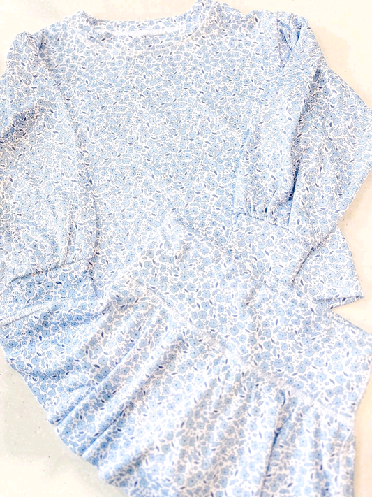 ( Moq 5 ) Preorder Baby Girl Long Sleeves Blue Floral Tops Skirt Clothes Set
