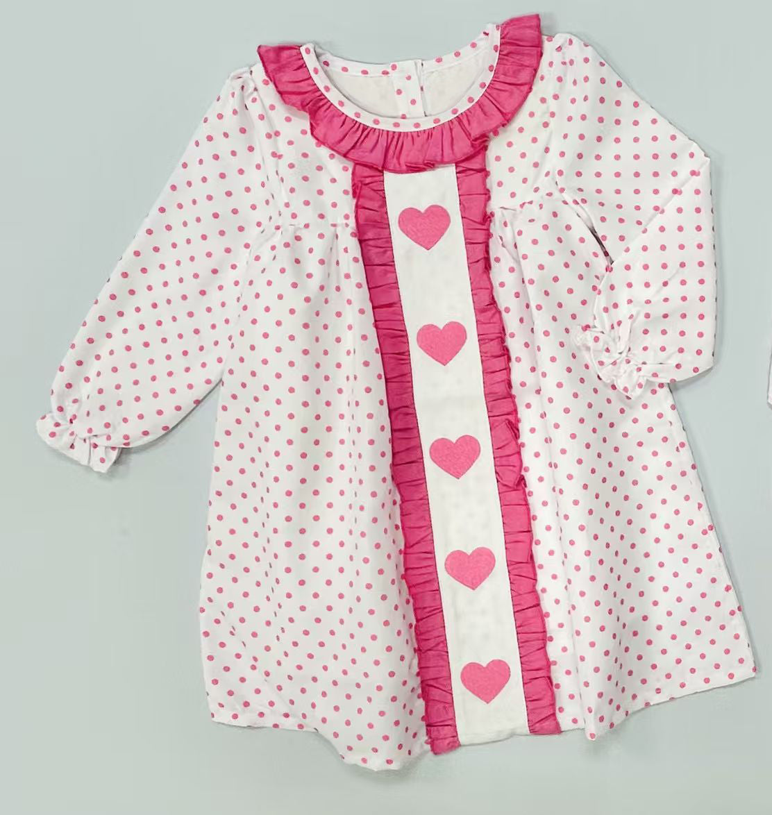 ( Moq 5 ) Preorder Baby Girls Long Sleeves Pink Heart Dots Valentine Knee Length Ruffle Dress