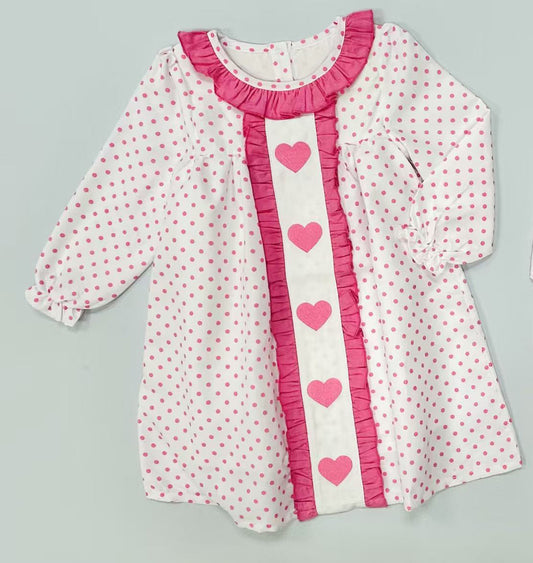 ( Moq 5 ) Preorder Baby Girls Long Sleeves Pink Heart Dots Valentine Knee Length Ruffle Dress