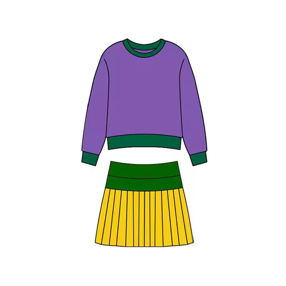 ( Moq 5 ) Preorder Baby Girl Purple Long Sleeves Shirt Green Yellow Skirt Mardi Gras Yoga Set