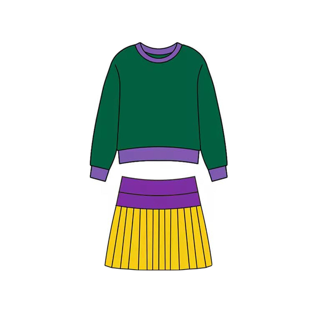 ( Moq 5 ) Preorder Baby Girl Green Long Sleeves Shirt Purple Yellow Skirt Mardi Gras Yoga Set