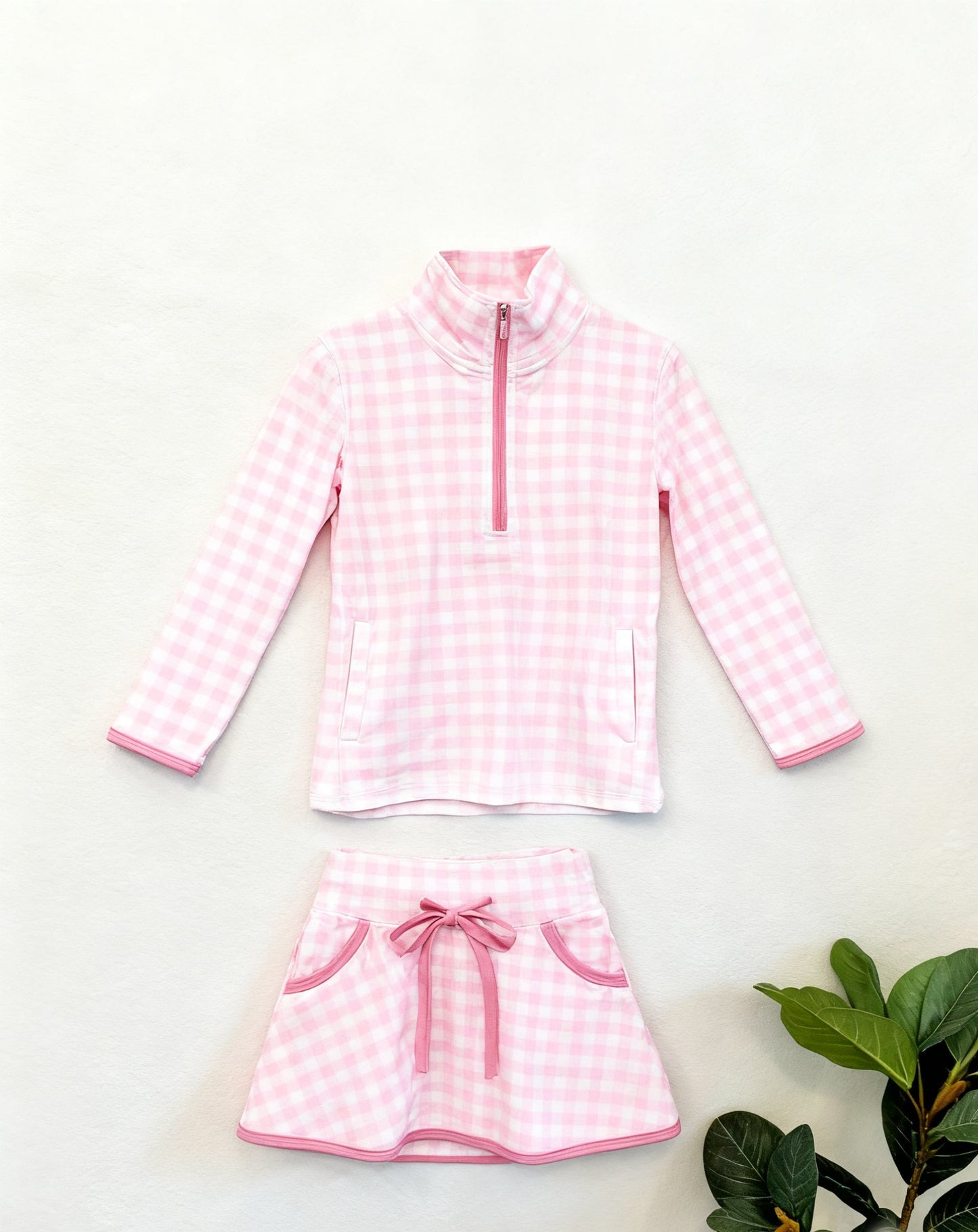 ( Moq 5 ) Preorder Baby Girls Long Sleeves Pink Plaid Zipper Tops Pockets Skirt Yoga Active Set