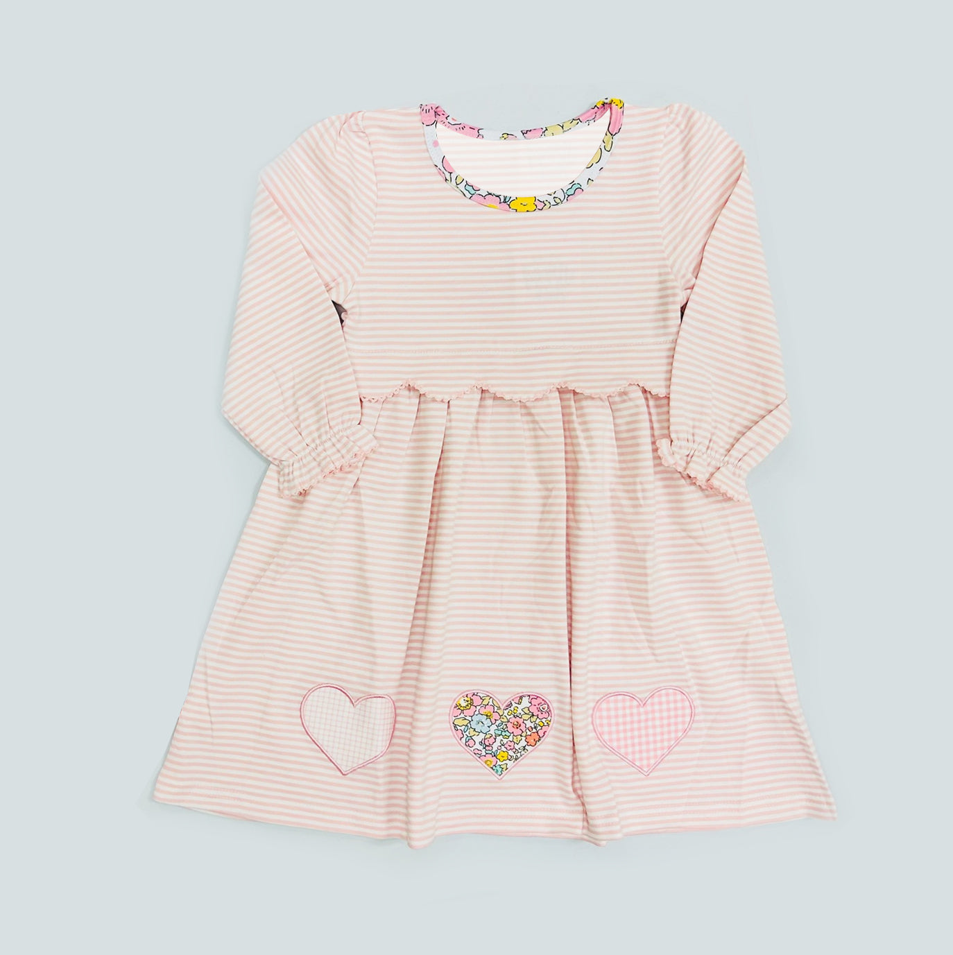 ( Moq 5 ) Preorder Baby Girls Long Sleeves Floral Hearts Stripes Valentine Knee Length Dress