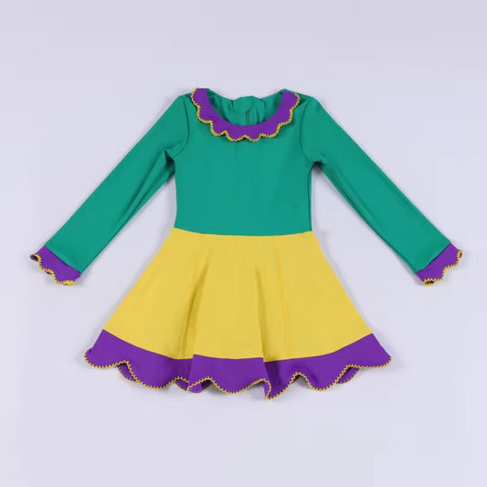 ( Moq 5 ) Preorder Baby Girls Green Long Sleeves Mardi Gras Yoga Ruffle Knee length Dress
