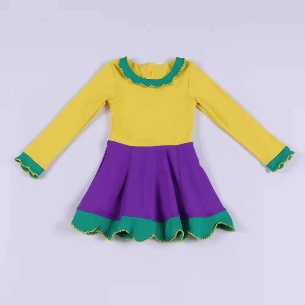 ( Moq 5 ) Preorder Baby Girls Yellow Long Sleeves Mardi Gras Yoga Ruffle Knee length Dress