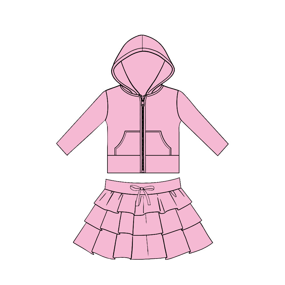 ( Moq 5 ) Preorder Baby Girls Pink Long Sleeves Pockets Zipper Hoodie Tops Skirt Yoga Clothes Set
