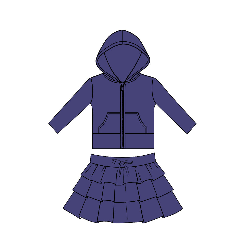 ( Moq 5 ) Preorder Baby Girls Dark Blue Long Sleeves Pockets Zipper Hoodie Tops Skirt Yoga Clothes Set