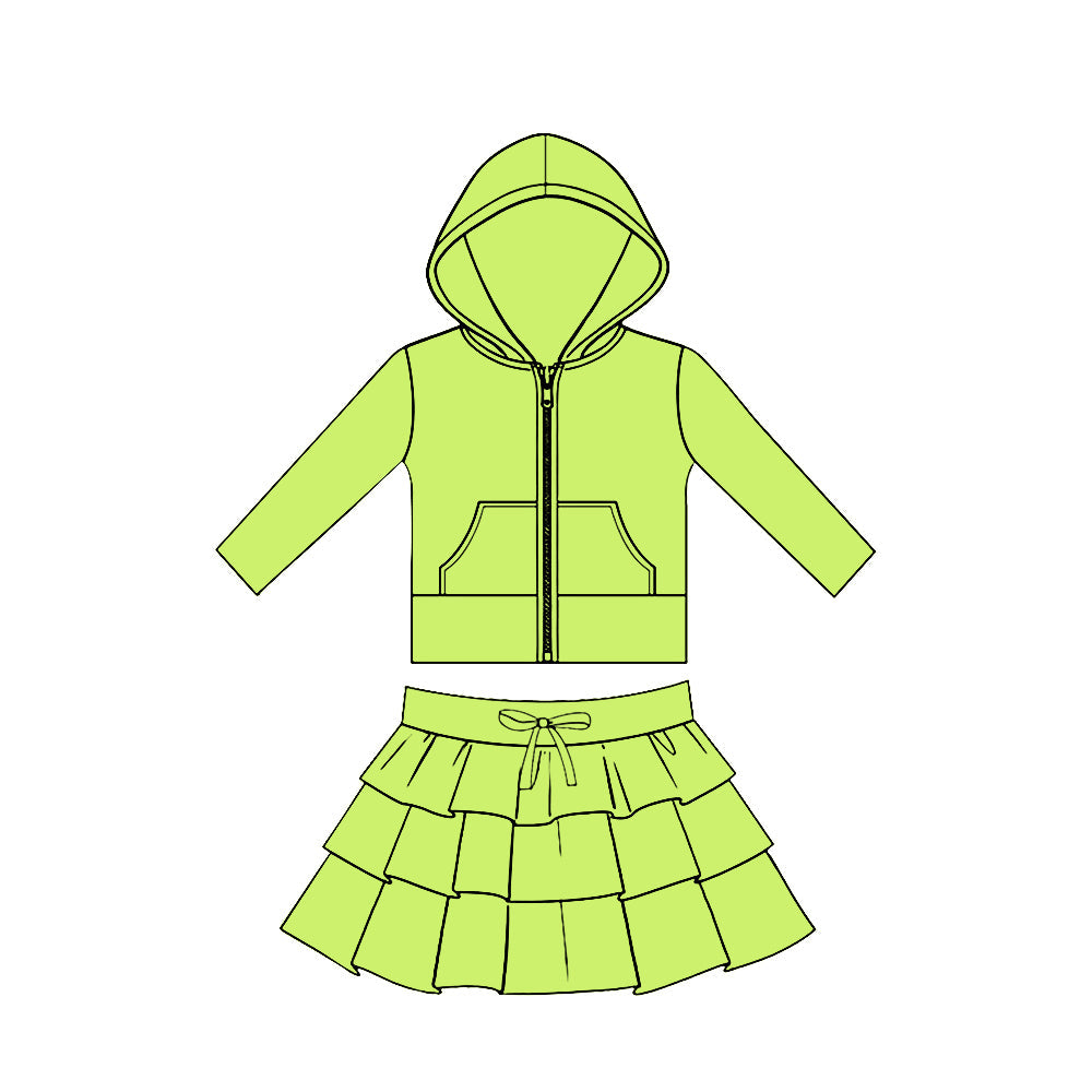 ( Moq 5 ) Preorder Baby Girls Green Long Sleeves Pockets Zipper Hoodie Tops Skirt Yoga Clothes Set
