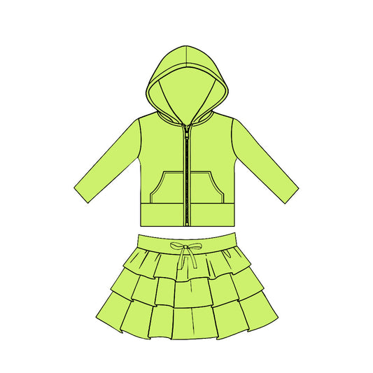 ( Moq 5 ) Preorder Baby Girls Green Long Sleeves Pockets Zipper Hoodie Tops Skirt Yoga Clothes Set