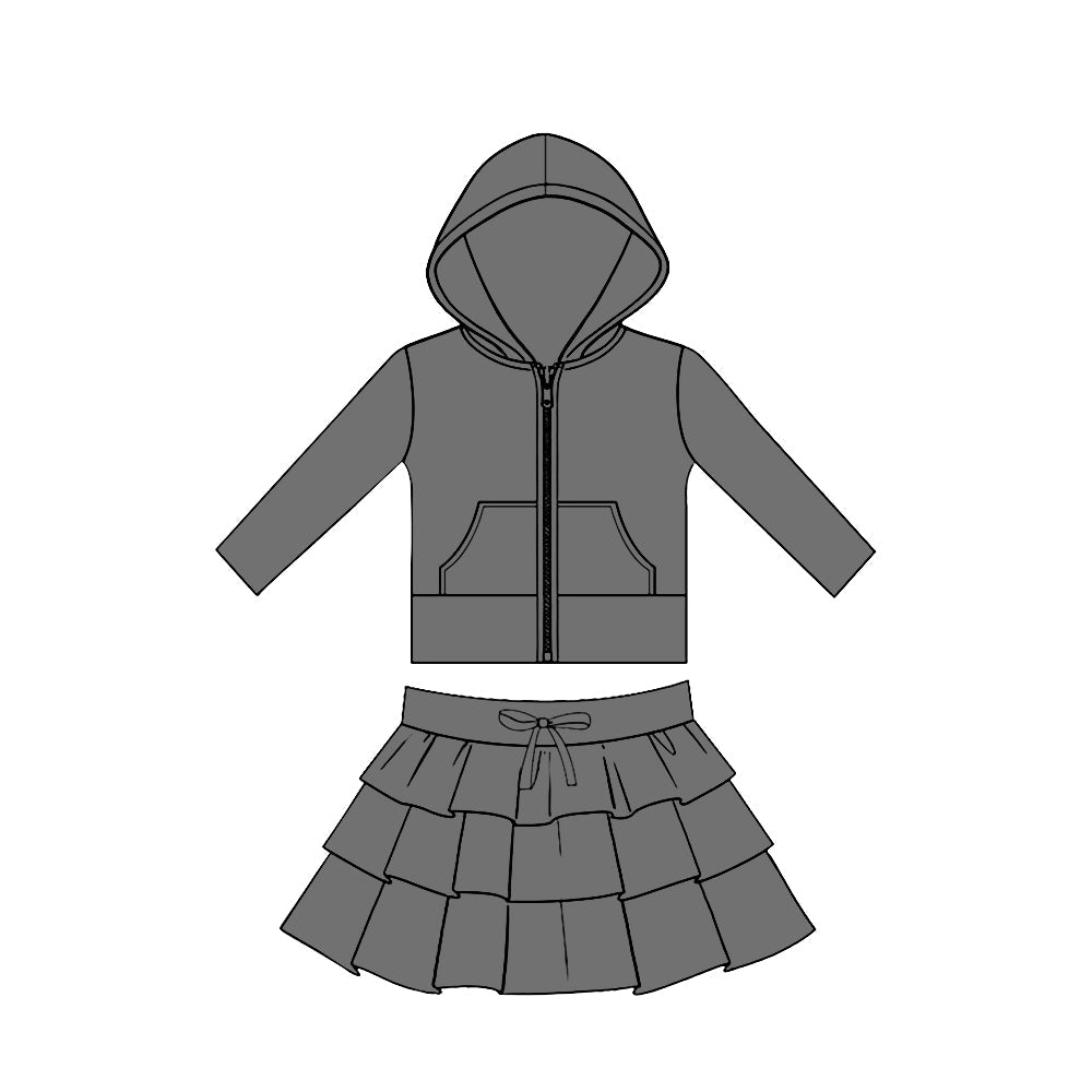 ( Moq 5 ) Preorder Baby Girls Grey Long Sleeves Pockets Zipper Hoodie Tops Skirt Yoga Clothes Set