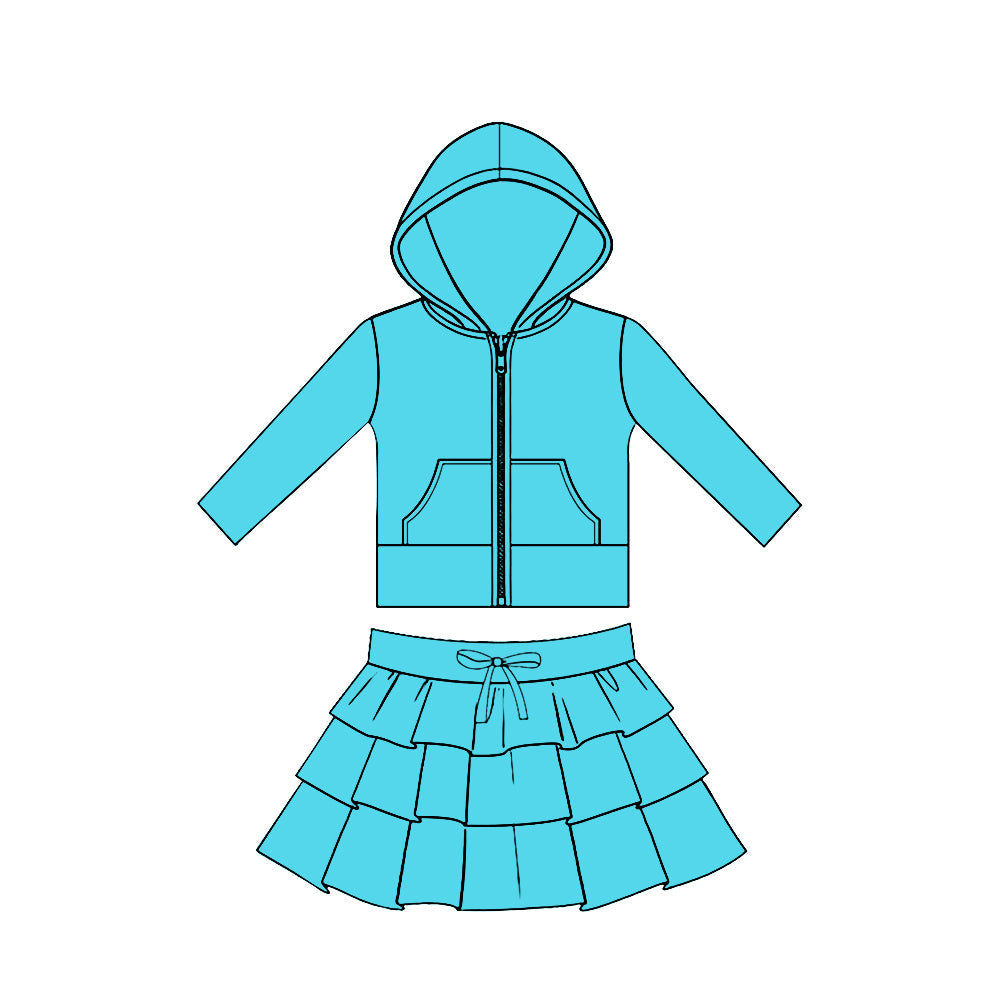 ( Moq 5 ) Preorder Baby Girls Blue Long Sleeves Pockets Zipper Hoodie Tops Skirt Yoga Clothes Set