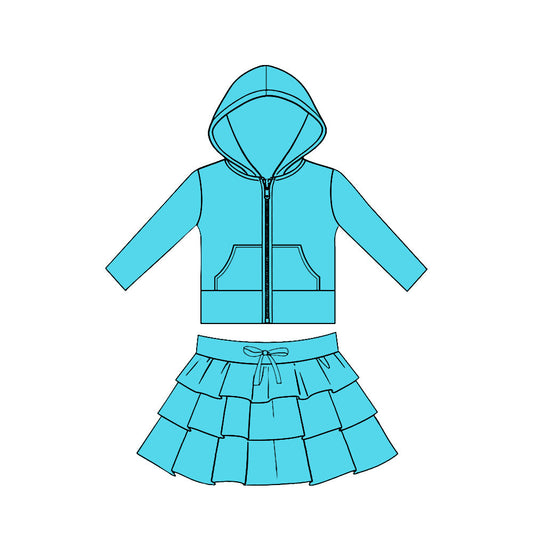 ( Moq 5 ) Preorder Baby Girls Blue Long Sleeves Pockets Zipper Hoodie Tops Skirt Yoga Clothes Set