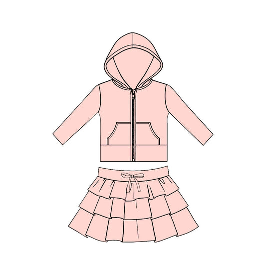 ( Moq 5 ) Preorder Baby Girls Light Pink Long Sleeves Pockets Zipper Hoodie Tops Skirt Yoga Clothes Set
