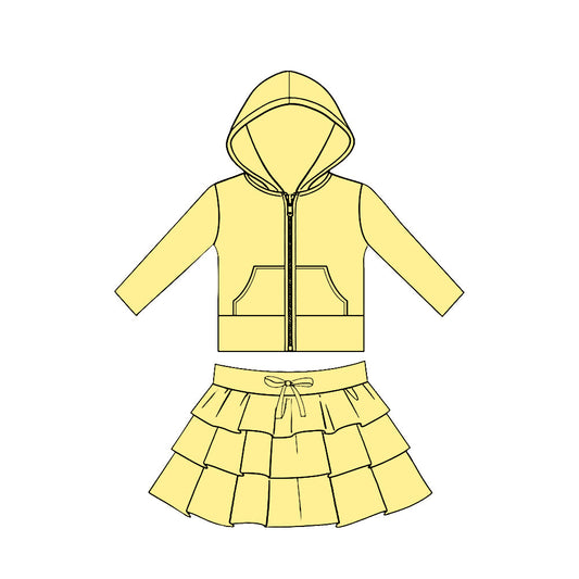 ( Moq 5 ) Preorder Baby Girls Yellow Long Sleeves Pockets Zipper Hoodie Tops Skirt Yoga Clothes Set